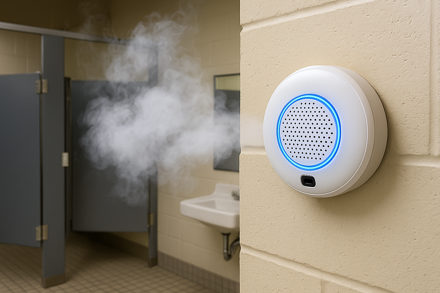 environmental sensors | Picture of a school bathroom with a puff of vape smoke and an environmental sensor on the wall