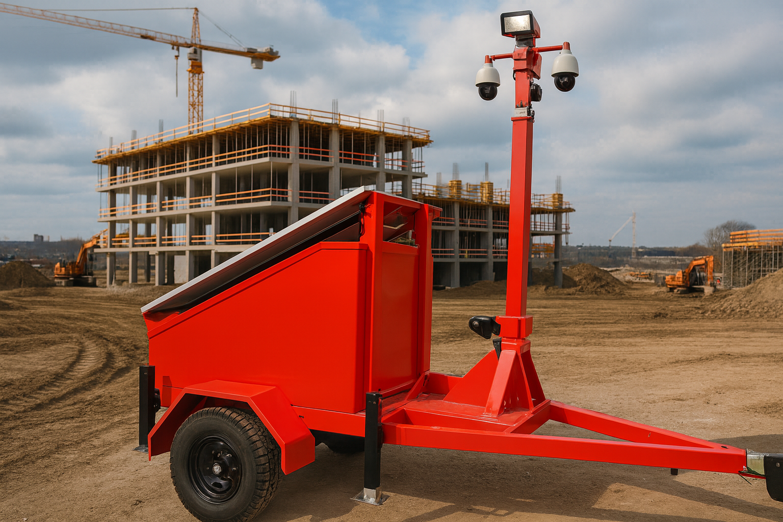 Dirt construction site with red mobile security trailer monitoring the area