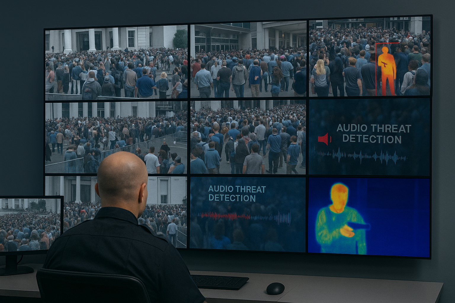 Security guard monitoring video feeds of high traffic areas with AI detecting audio and weaspons threats | Weapons detection vs. AI threat detection