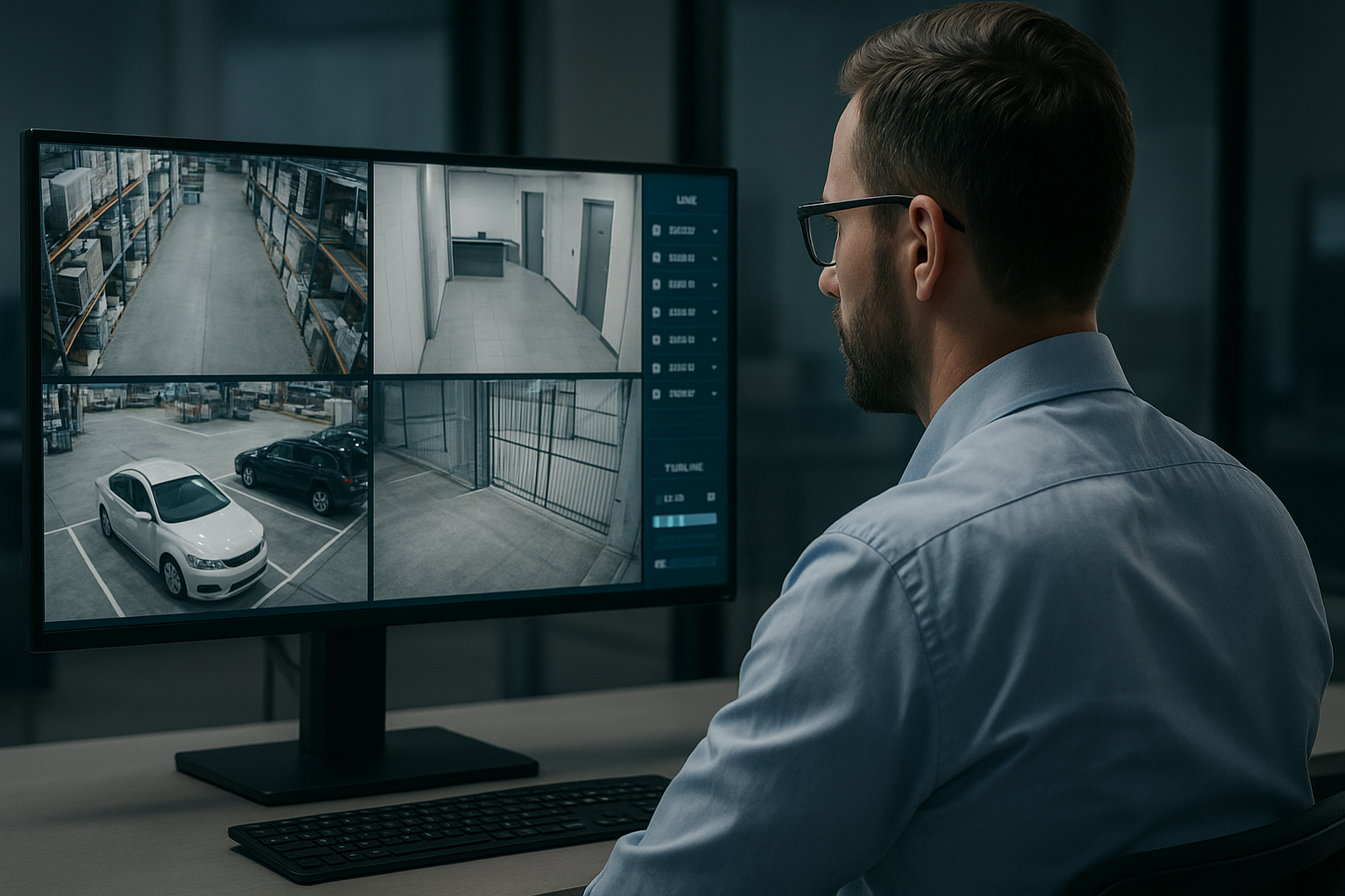 Image of a security guard monitoring real-time footage from security camera - video management system (vms)