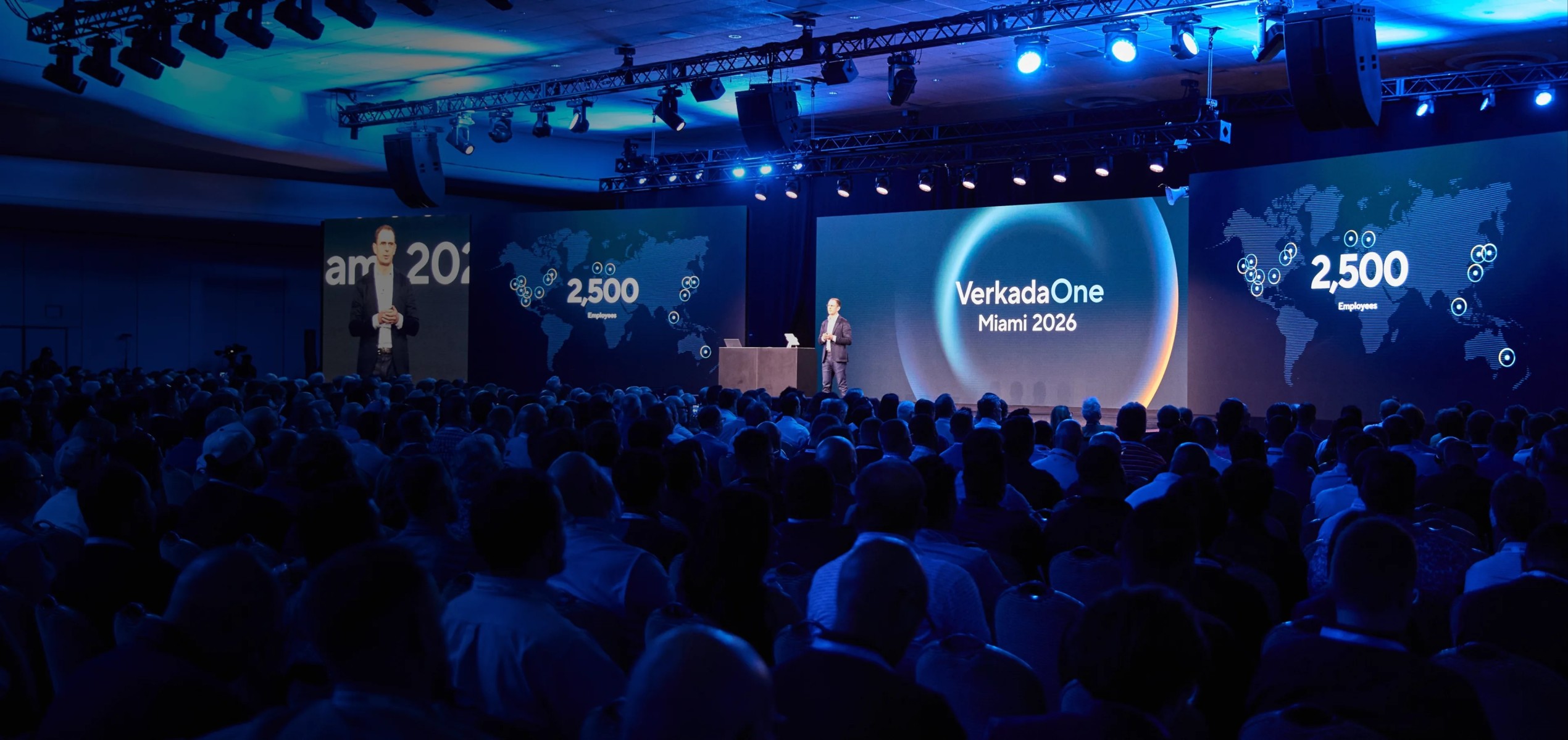 VerkadaOne 2026 keynote in Miami discussing new physical security and AI technology